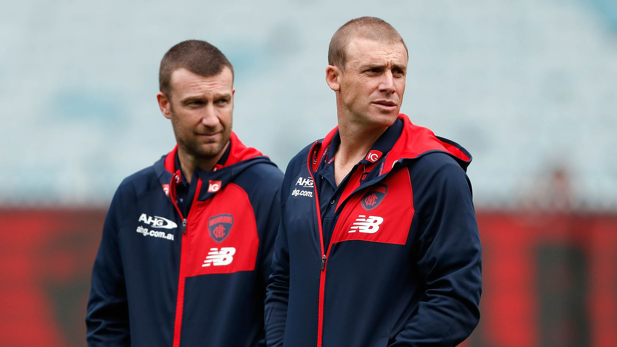 AFL 2017 Round 04 - Melbourne v Fremantle Melbourne's Craig Jennings (left) and Simon Goodwin - AFLX,Melbourne Demons